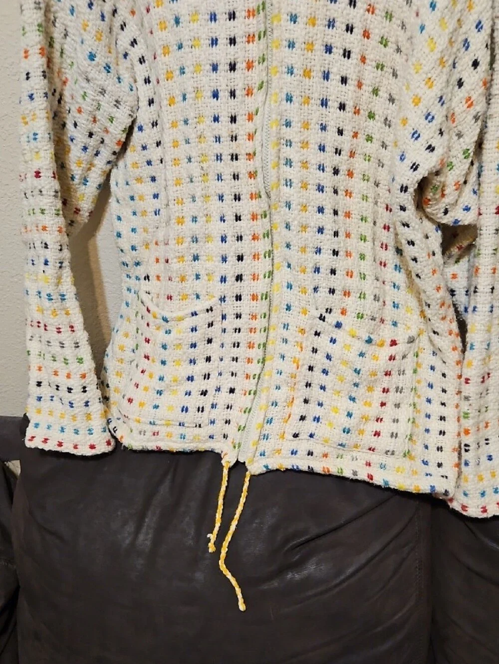 Cream Multicolor Wool Waffle Zip Cardigan Sweater